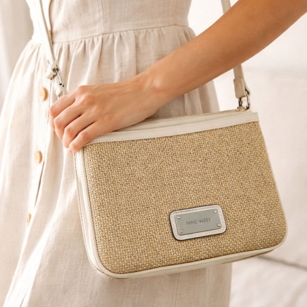 Nine West Women's Purse Handbag Straw Woven Crossbody Bag White Cream Boho